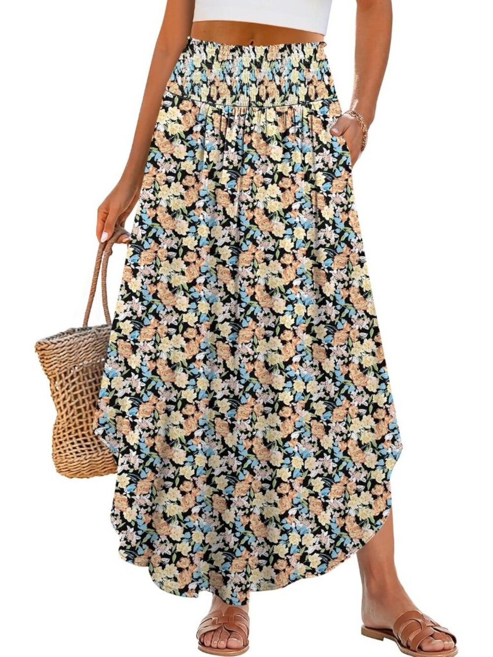 Women's Orange/Yellow Boho Floral High Waisted Smocked Flowy Pocket Maxi Skirt
